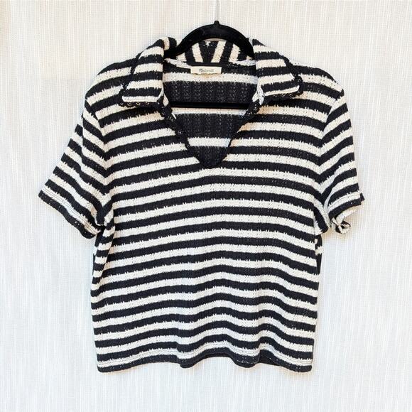 Madewell Striped Crochet-Knit V-Neck Sweater Short Sleeve Tee, size L - Picture 1 of 7